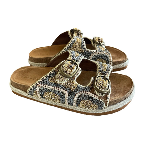 NEW HOUSE OF HARLOW 1960 Women's Size 8.5 Beaded Buckle Flat Slides Boho Sandals - Picture 11 of 11